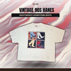 Vintage 90s Hanes Cowboy Boots Graphic Tee XXL Made In USA Heavyweight Cotton Wh